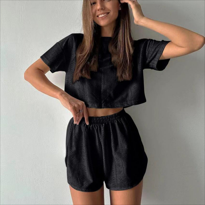 2-Piece Casual Hollow Suit Featuring Short-Sleeved Crop Top and Elastic Slit Shorts for Women's Summer Fashion Sportswear