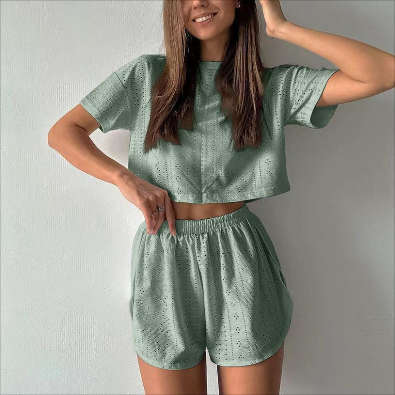 2-Piece Casual Hollow Suit Featuring Short-Sleeved Crop Top and Elastic Slit Shorts for Women's Summer Fashion Sportswear