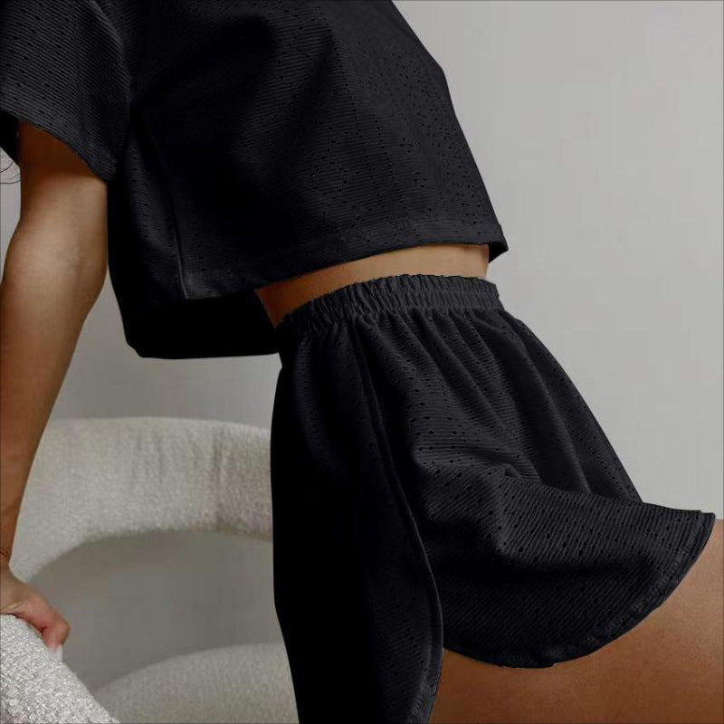 2-Piece Casual Hollow Suit Featuring Short-Sleeved Crop Top and Elastic Slit Shorts for Women's Summer Fashion Sportswear