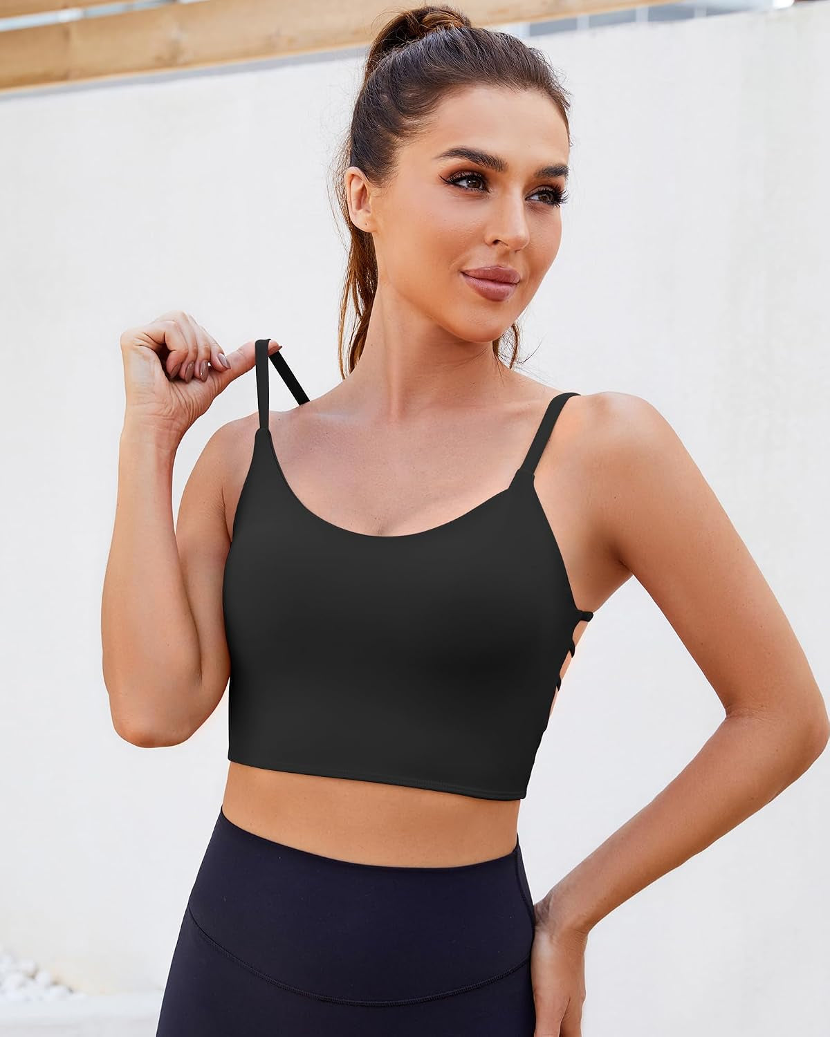 Strappy Sports Bras for Women High Support Open Back Workout Tops Longline Tank Top with Built in Bra Yoga Crop Bras