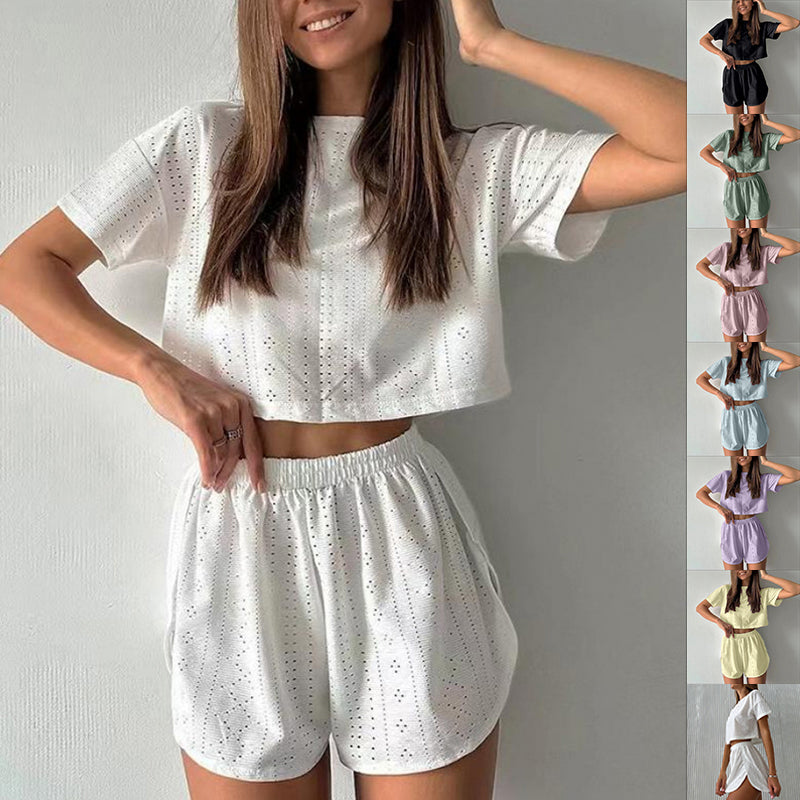 2-Piece Casual Hollow Suit Featuring Short-Sleeved Crop Top and Elastic Slit Shorts for Women's Summer Fashion Sportswear