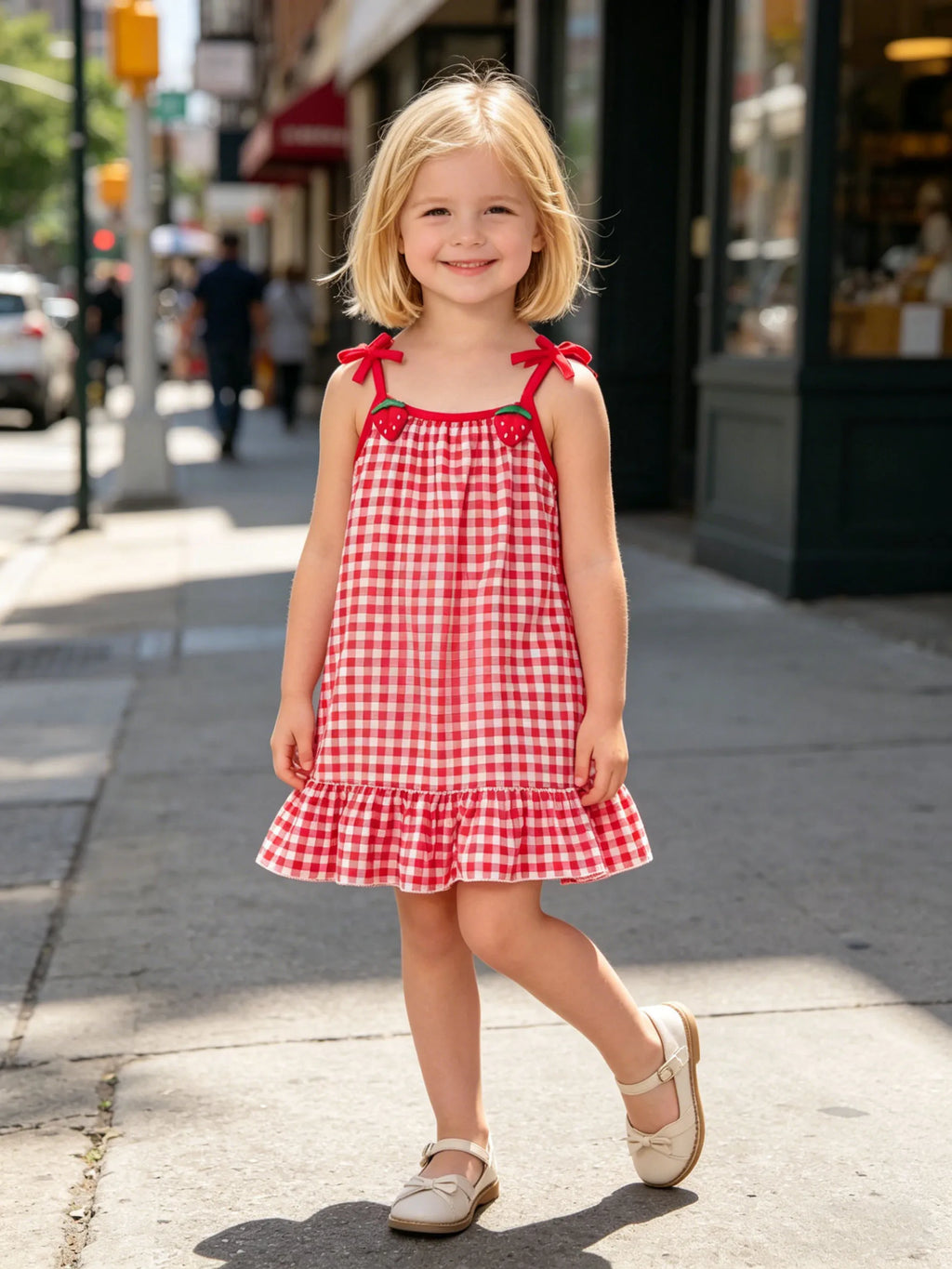Strawberry Suspender Checkered Dress