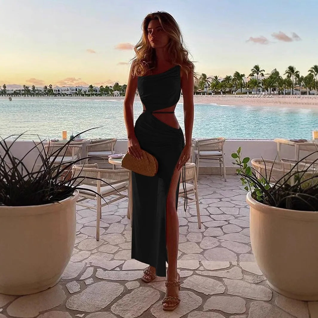 Split Hollow Drawstring Maxi Dress