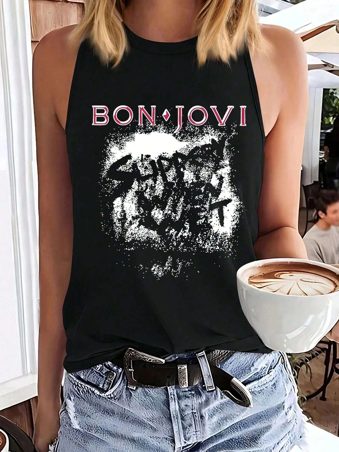 Women's fashionable casual rock retro style band retro print sleeveless top