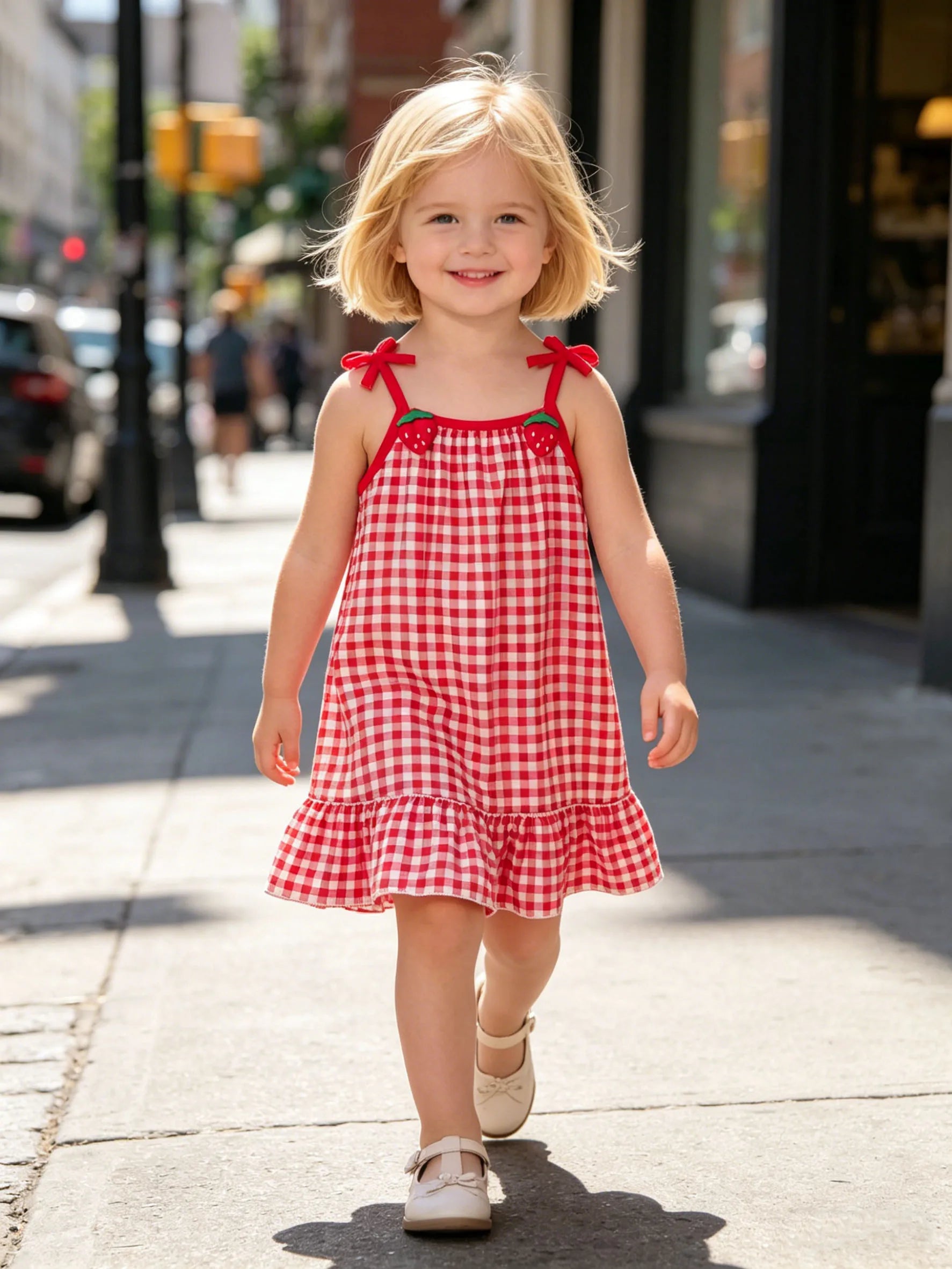 Strawberry Suspender Checkered Dress