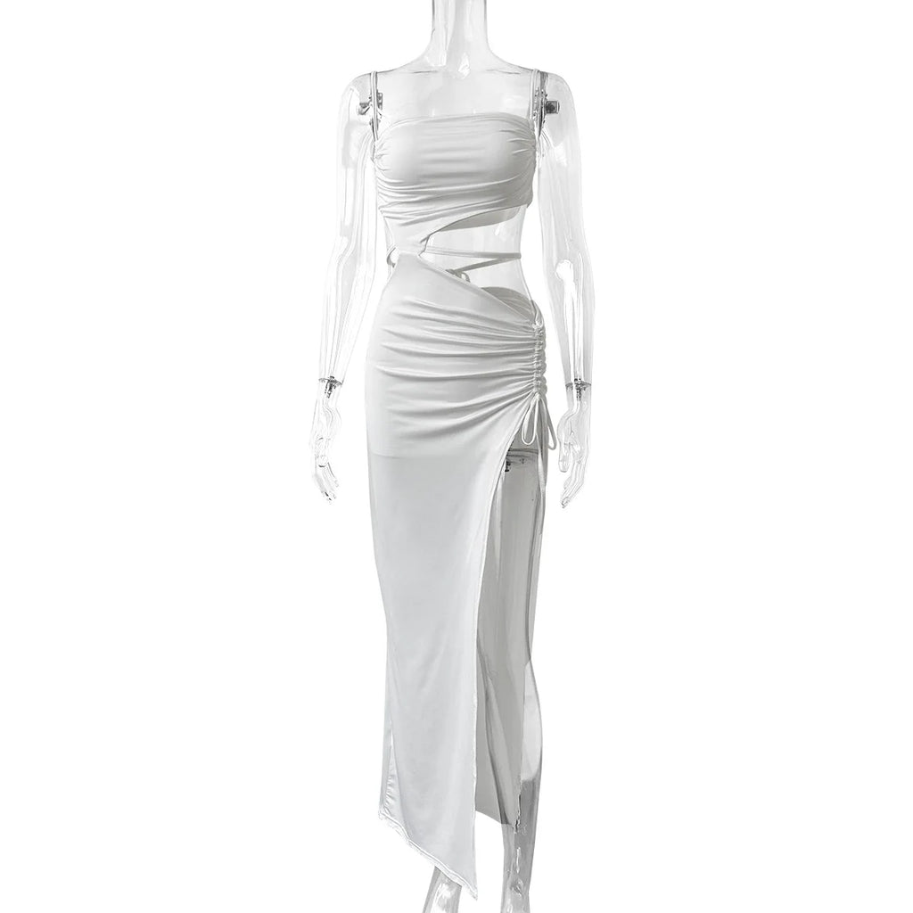 Split Hollow Drawstring Maxi Dress