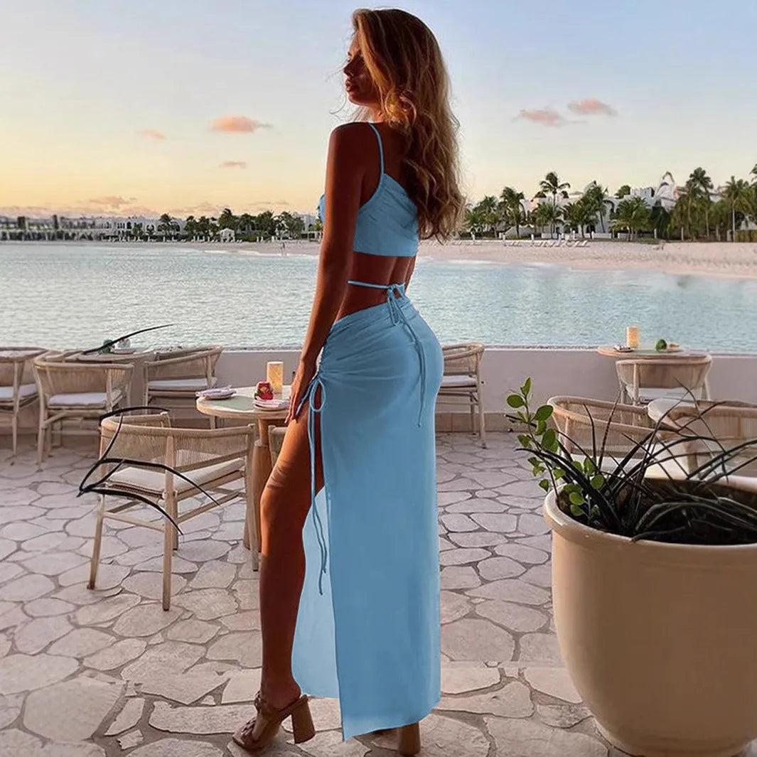 Split Hollow Drawstring Maxi Dress