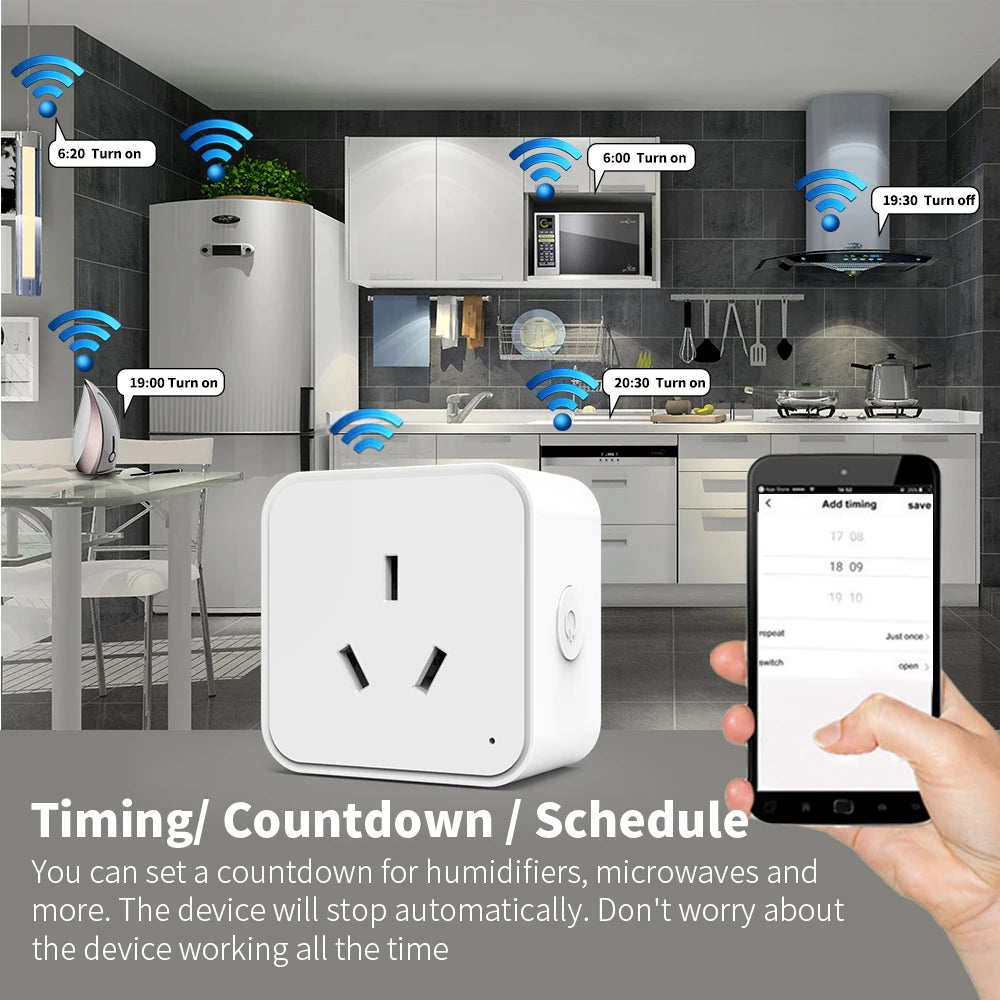 WiFi Tuya Smart Socket AU Standard Plug with Energy Monitoring –Timer & Countdown, Works with Smart Life App, Alexa & Google
