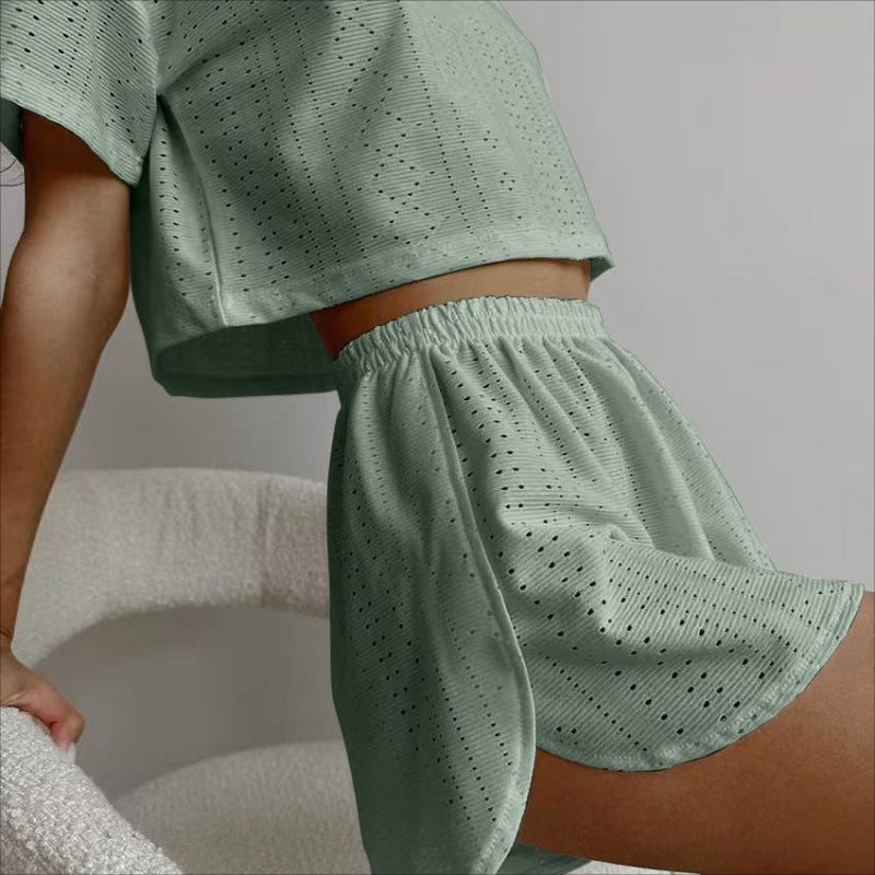 2-Piece Casual Hollow Suit Featuring Short-Sleeved Crop Top and Elastic Slit Shorts for Women's Summer Fashion Sportswear