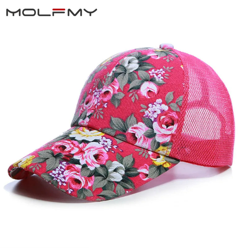 2021 Simple Women'S Baseball Cap Summer Multicolor Flower Printing Girls Snapback Brethable Adjustable Mesh Casual Wild Sun Hat